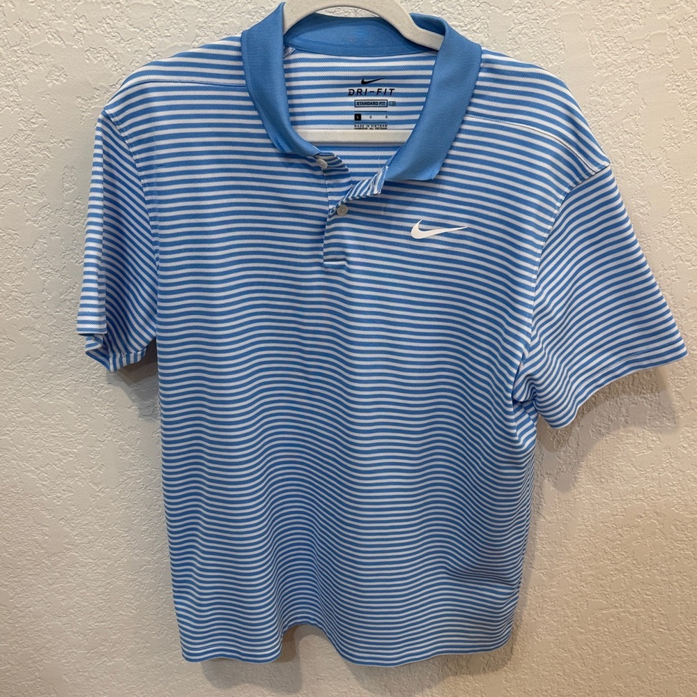 Nike Men's Light Blue and White Striped Polo, Size Large